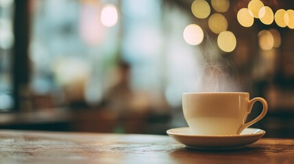 Obraz premium Steaming hot latte cup on an elegant cafe table, evoking a warm morning breakfast atmosphere.