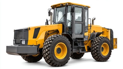 Fototapeta premium Construction machine loader lift in action at industrial site angled view of motor grader work environment