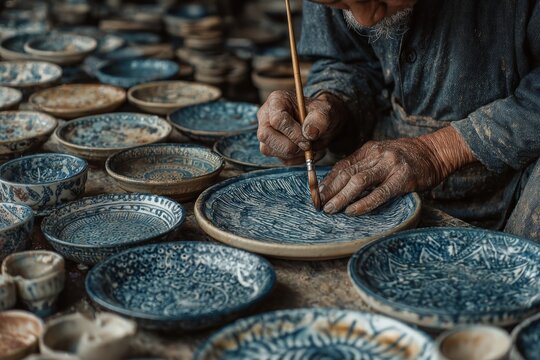 Senior craftsman painting traditional blue and white ceramic plate
