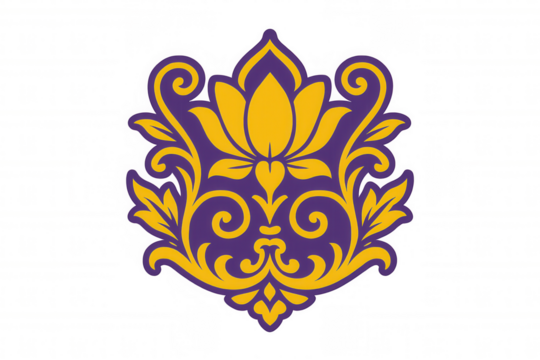 Luxurious gold damask ornament with purple floral scrollwork, displaying intricate baroque-inspired detailing against transparent backdrop