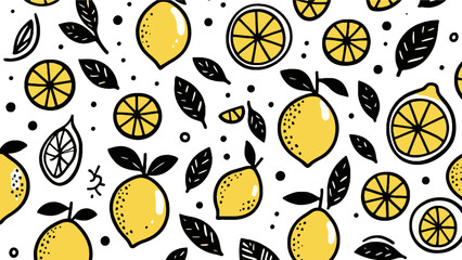 artistic seamless background with hand drawn lemons and leaves in yellow and black color