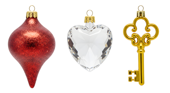 Red glitter Christmas ornament, clear heart-shaped ornament, and vintage gold key isolated on white, perfect for holiday decoration and festive themes