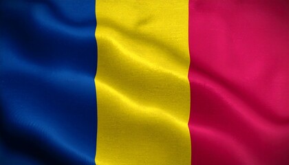 Fototapeta premium Romanian flag with vertical blue, yellow, and red stripes waving on textured fabric, symbolizing national identity and sovereignty.
