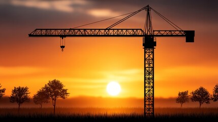 Construction machinery action tower crane lift loader at sunset in industrial environment for worksite productivity