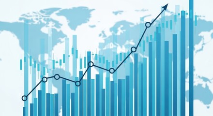 A blue financial graph with an upward trend line and bar chart overlays the world map