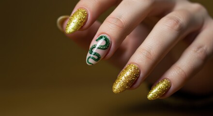 Elegant Snake Nail Art Glittering Gold and a Graceful Green Snake Design
