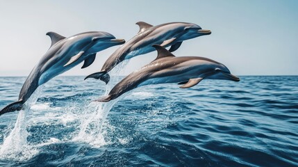 Naklejka premium Three dolphins leap gracefully out of a serene ocean