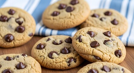 A delectable close-up of freshly baked homemade chocolate chip cookies resting on a rustic wooden surface and a striped cloth