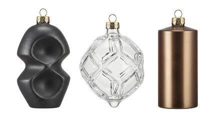 Obraz premium Set of three unique black, clear, and bronze Christmas ornaments with modern designs, perfect for stylish holiday decoration