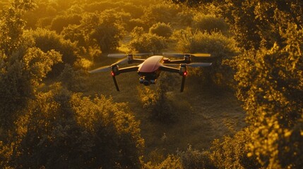 A drone soars above a golden-hour forest