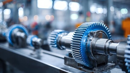 Fototapeta premium Gears on a production line, shining in a factory setting. Precision engineering and industrial progress displayed in metallic perfection. Focus on mechanical components.