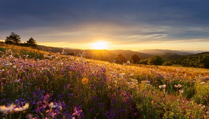 Fototapeta premium Golden Hour Meadow A Sun Drenched Meadow Blooms With A Vibrant Tapestry Of Wildflowers Illuminated By The Warm Glow Of The Setting Sun Evoking A Sense Of Peace And The Beauty Of Nature