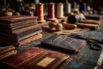 Artisan arranging handmade leather wallets on workbench, showcasing craftsmanship and bespoke design