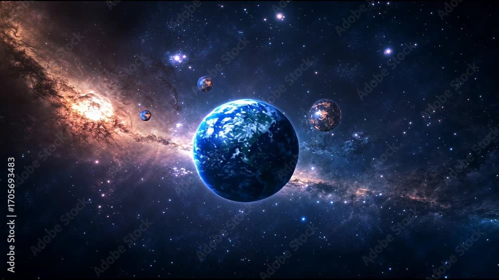 Poster massive asteroids drifting near planetary surface, presenting dynamic cosmic interaction within expa