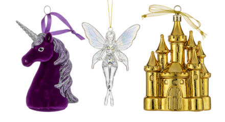 Set of three Christmas tree ornaments featuring a purple unicorn, a silver fairy, and a golden castle, perfect for magical holiday decorations