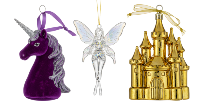 Set of three Christmas tree ornaments featuring a purple unicorn, a silver fairy, and a golden castle, perfect for magical holiday decorations