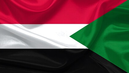 Sudanese flag with red, white, and black horizontal stripes and green triangle on hoist side, symbolizing struggle, peace, and prosperity.
