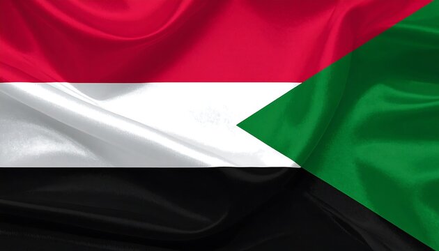 Sudanese flag with red, white, and black horizontal stripes and green triangle on hoist side, symbolizing struggle, peace, and prosperity.