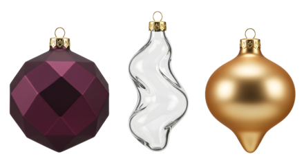 Set of three elegant Christmas tree ornaments in purple, white, and gold, perfect for holiday decoration and festive home d?cor