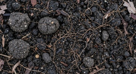 Black truffle delicacies in soil, overhead shot, rustic background