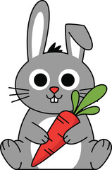 Cute cartoon rabbit holding carrot, gray bunny with big eyes and red nose in playful vector for children’s design use