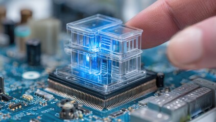 A finger interacts with a translucent, digitally-rendered building model atop a circuit board, suggesting smart home technology or digital architecture