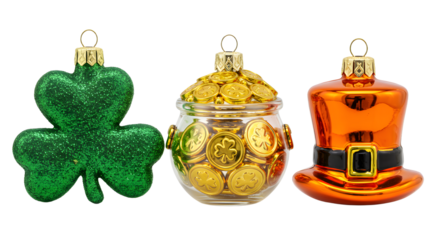 St. Patrick's Day ornaments including green shamrock, gold pot of coins, and orange leprechaun hat, perfect for holiday decoration