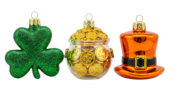 St. Patrick's Day ornaments including green shamrock, gold pot of coins, and orange leprechaun hat, perfect for holiday decoration