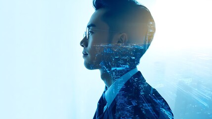 Futuristic business vision concept with a double exposure of a businessman's silhouette and a glowing modern cityscape