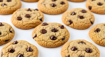 A delicious batch of classic homemade chocolate chip cookies freshly baked and scattered on a clean white background