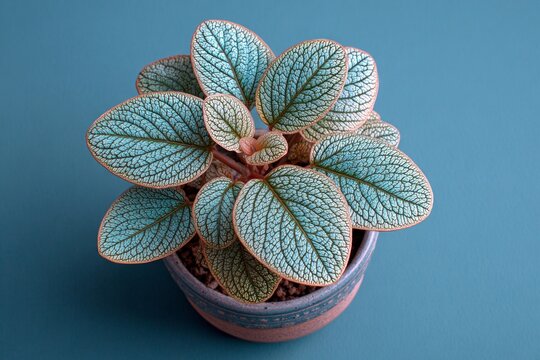 Close-up of episcia cupreata plant with metallic blue leaves and pink veins growing in terracotta pot on turquoise background