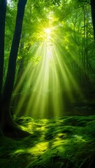 Fototapeta premium Sunlight filtering through trees in lush forest creating ethereal atmosphere and light rays