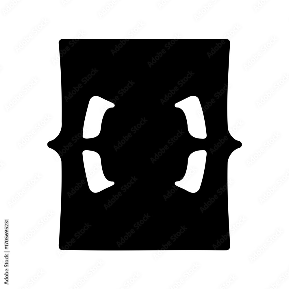 Poster abstract black shape resembling distorted brackets on a white background.