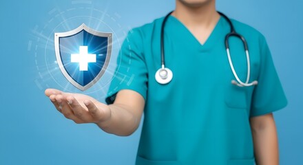 Doctor in Scrubs with Digital Medical Icon