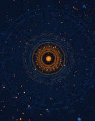 A cosmic mandala, concentric circles of golden light radiate from a central orb, embedded within a dark blue, star-dusted void