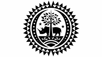 Black and white rhino silhouette with tree and stars inside decorative circle with triangle border design