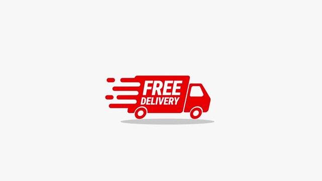 Red free delivery truck icon with motion lines. Fast shipping van symbol for e-commerce, online shopping, and logistics services. Vector illustration