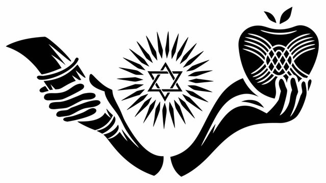 Stylized image featuring hands holding an apple and a shofar with a star of david in the center silhouette