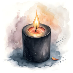 Watercolor clipart of a black candle with flame, with white background