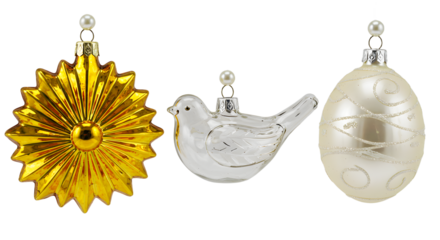 Vintage gold starburst, glass dove, and white egg Christmas ornaments isolated on white background, perfect for holiday decoration