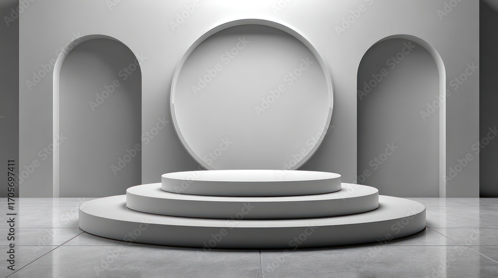 Poster minimalist white podium stage with arches and circular backdrop for product display