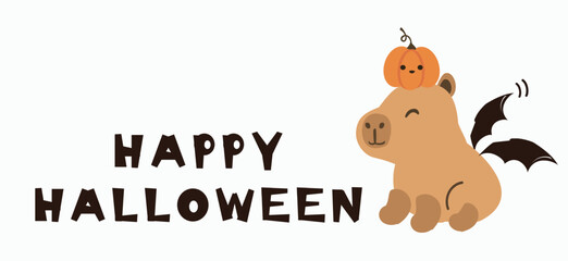 Happy Halloween hand drawn fonts, capibara cartoon, bat wings and pumpkin icon sign isolated on white background vector.
