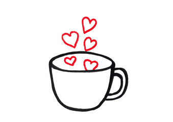A simple, hand-drawn illustration of a steaming cup with red hearts rising from it, symbolizing love, warmth, and a feeling of comfort. Isolated on a neutral transparent background.