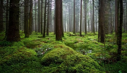 Obraz premium Forest Misty Dense Evergreen Forest Mossy Ground Cover