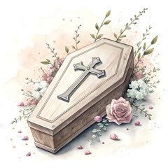 Watercolor clipart of a coffin with cross, with white background