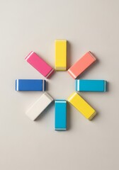 Colorful erasers arranged in radial pattern on soft neutral surface