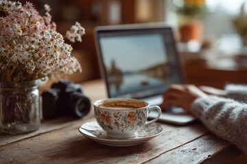 Photographer is editing pictures on laptop while drinking coffee in cozy home office