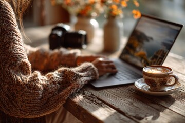 Photographer editing photos on laptop while enjoying a cappuccino in a cozy cafe