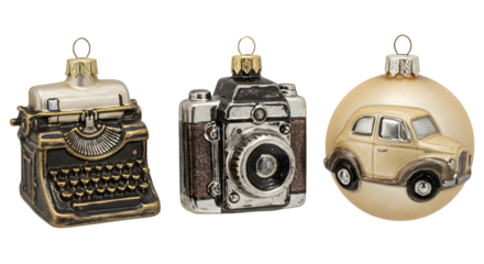 Vintage typewriter, camera, and classic car Christmas ornaments in gold and black, ideal for retro holiday decorations and nostalgic festive themes