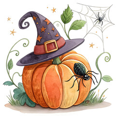Watercolor clipart of spider crawling on pumpkin, with white background
